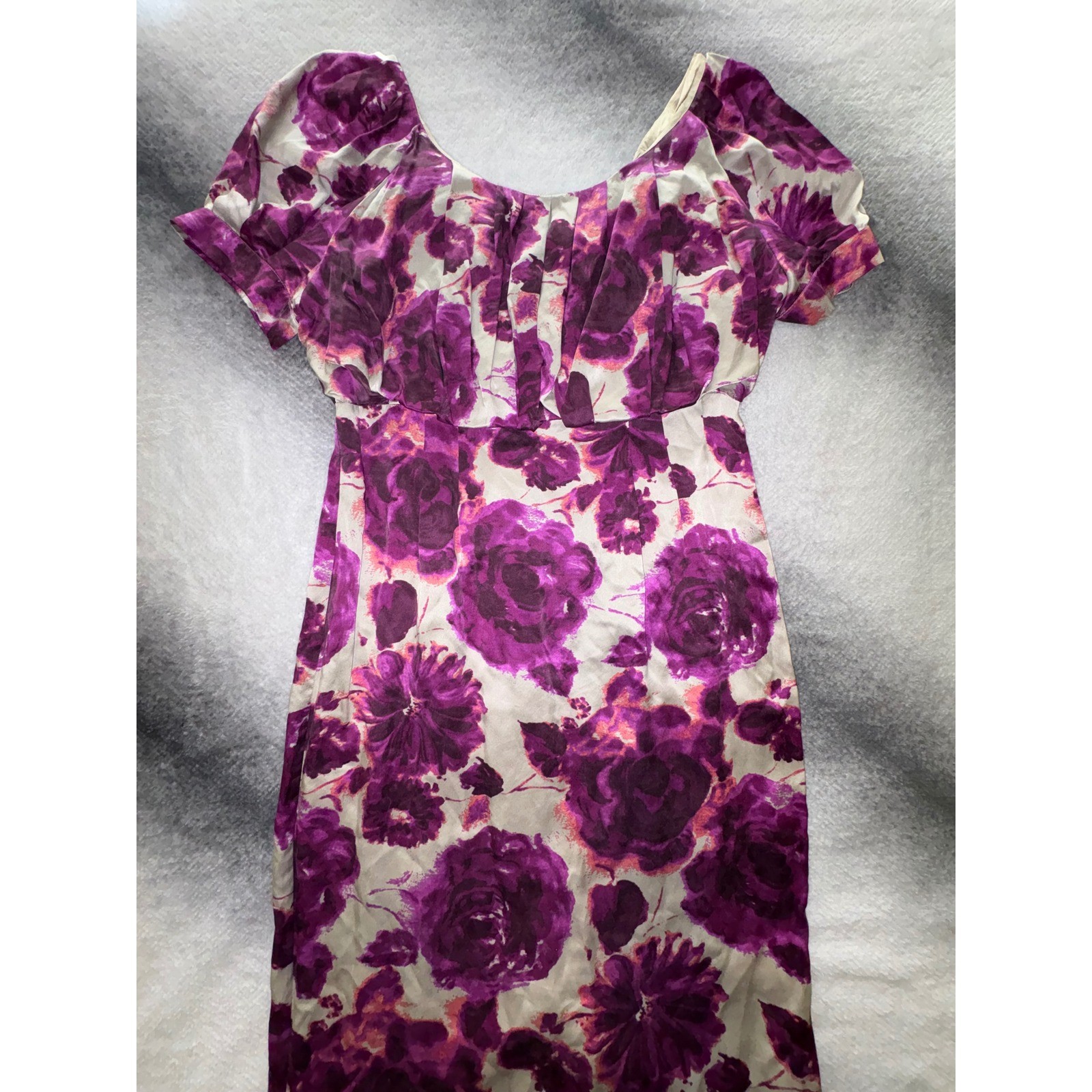 (B5) Moda International Silk Purple Floral Rose Puff Sleeve Midi Dress 14 NWOT