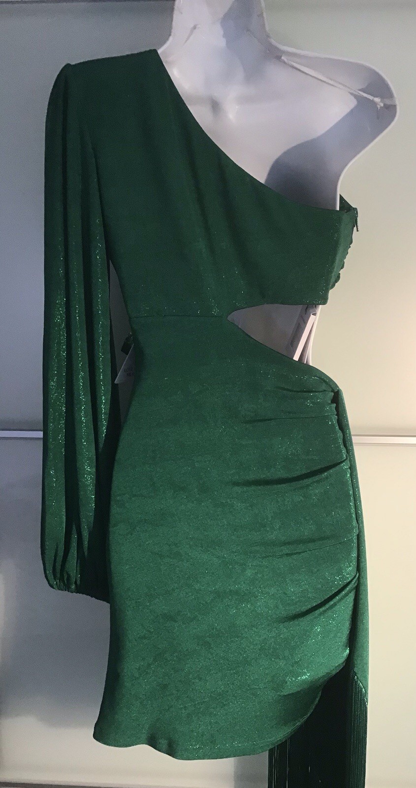 NADINE MERABI ONE SHOULDER MINI DRESS WITH FRINGE DITAIL NIKKI GREEN DRESS S/M
