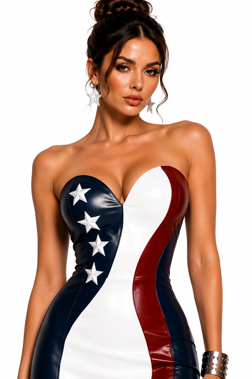 Handmade USA Flag Leather Bodycon | Sweetheart Corset Maxi | Patriotic Slit Gown