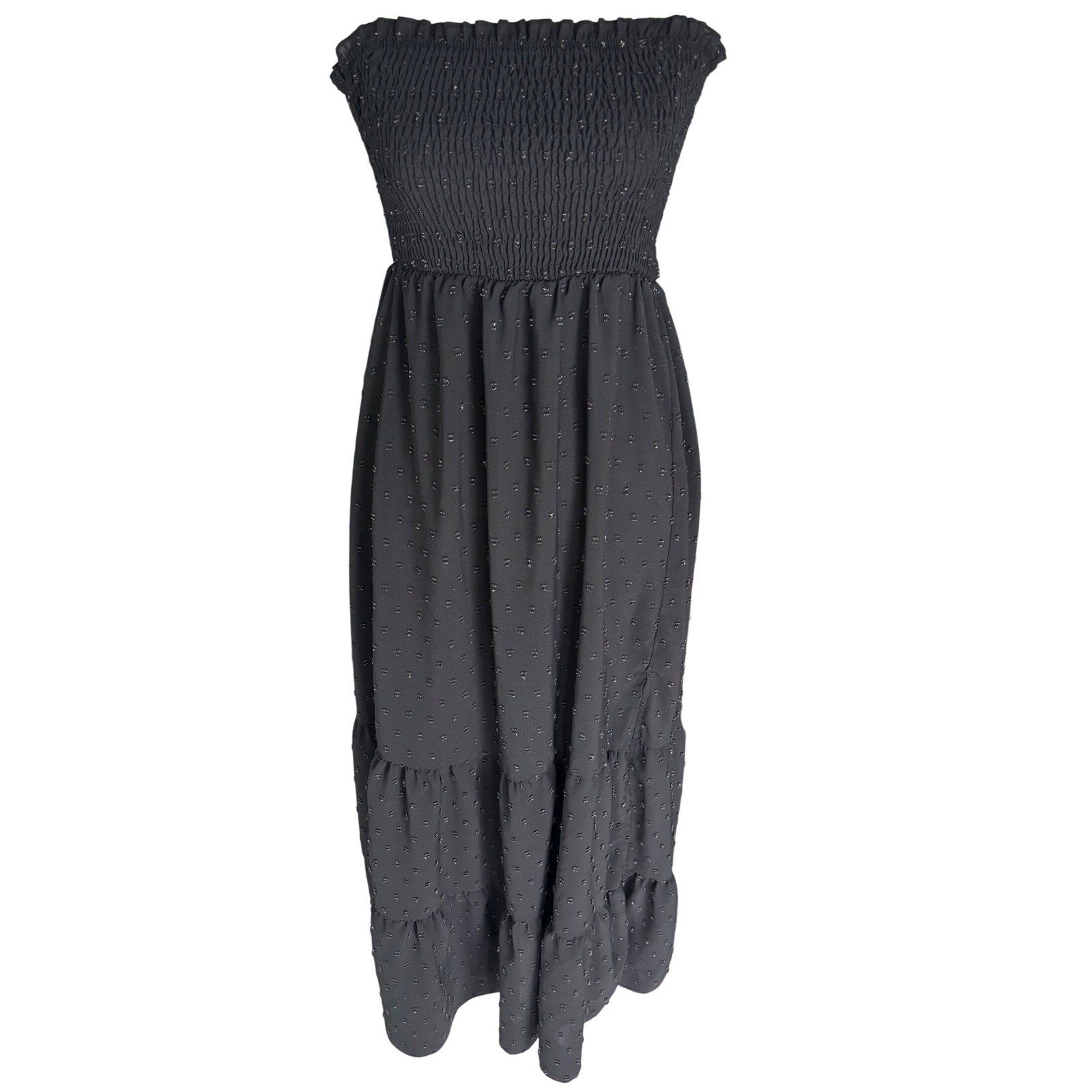 Black Swiss Dot Smocked Tiered Maxi Skirt Strapless Dress Boho Whimsigoth Small