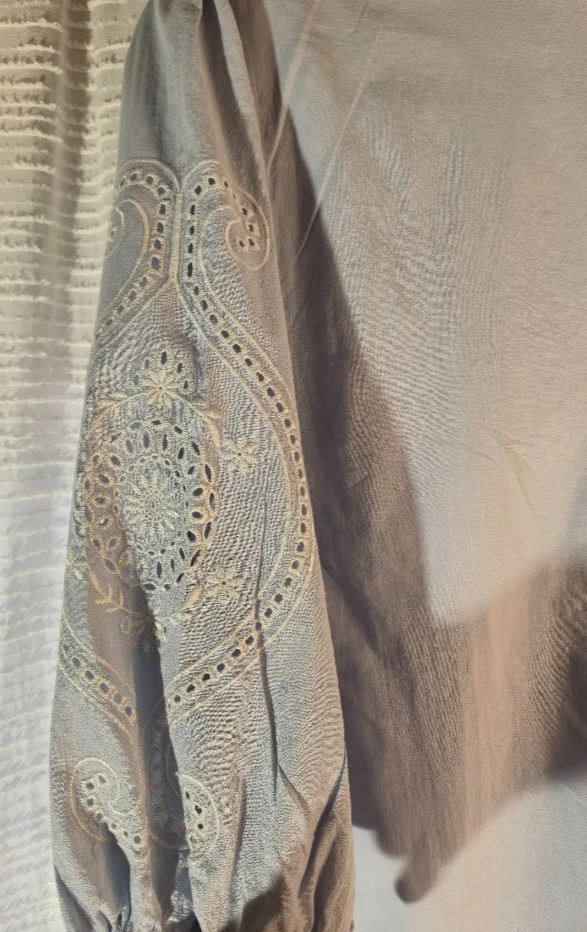 Basement Cottagecore Boho Peasant Dress Blue Button Front Ruffle Hem Mini Sz MED
