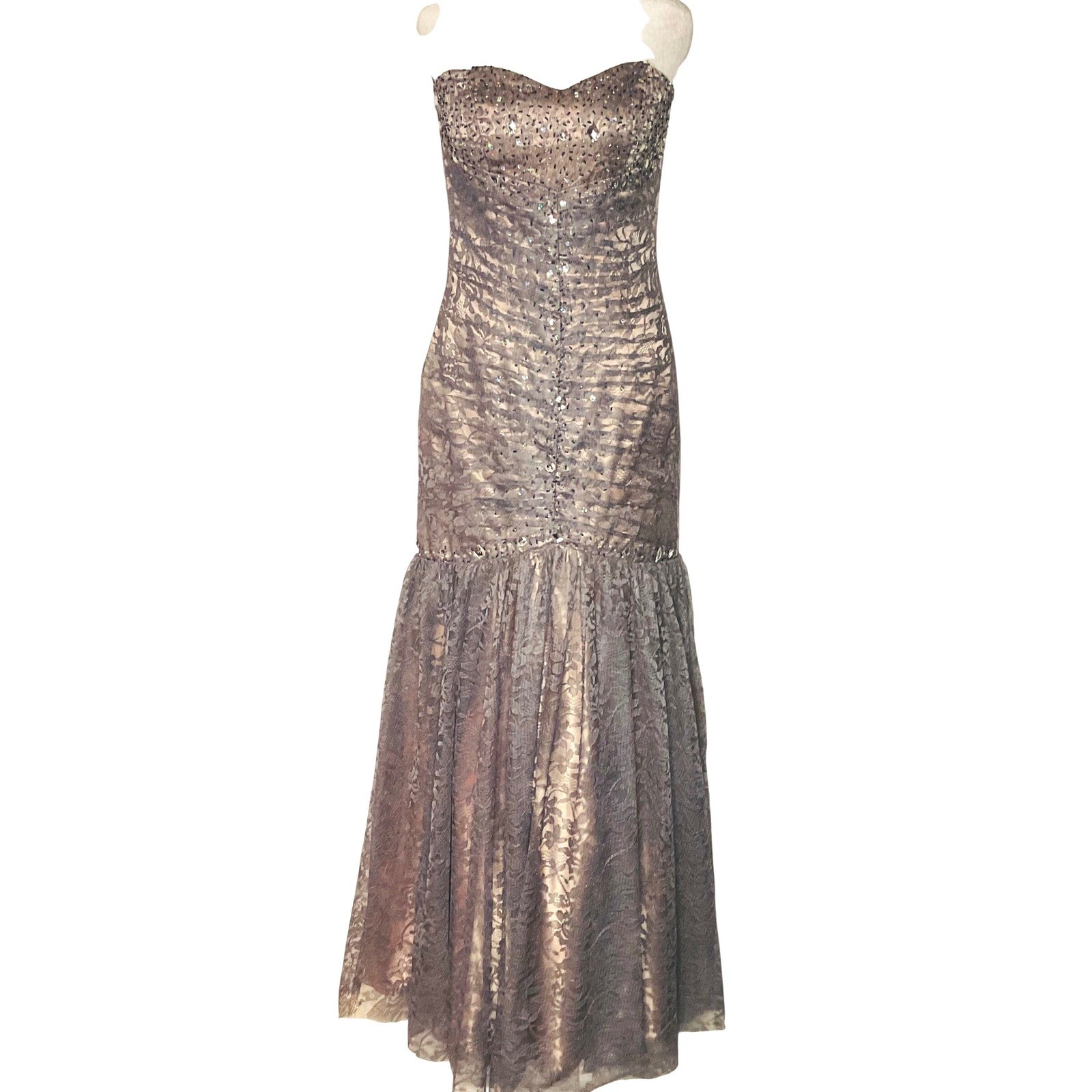 Deb Mermaid Lace Prom Pageant Dress Women’s Gray Pink Rhinestone Formal 5/6 Y2K