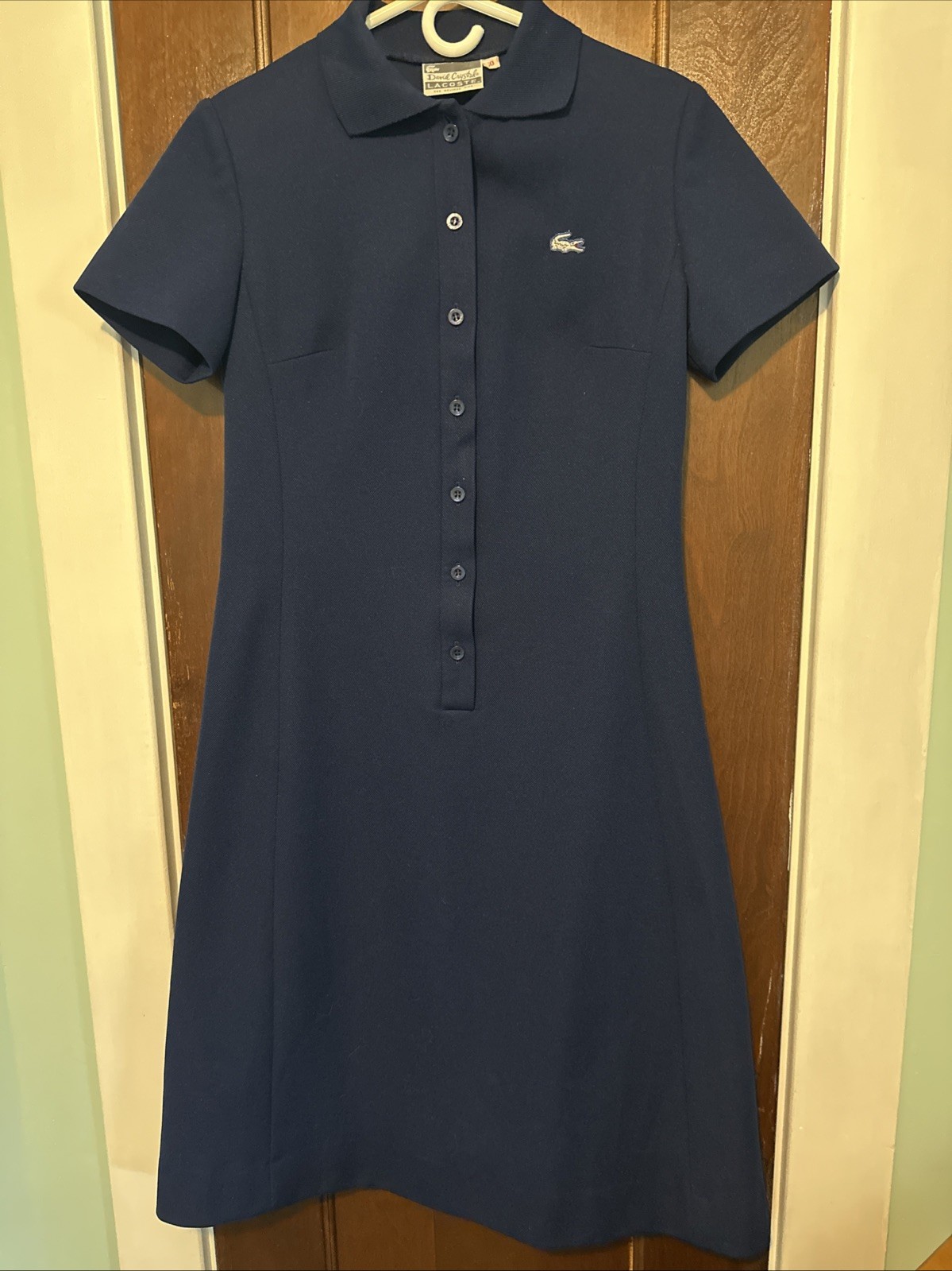 Vintage David Crystal Lacoste Womens Shirt Dress Size 10 Blue Button Front Logo