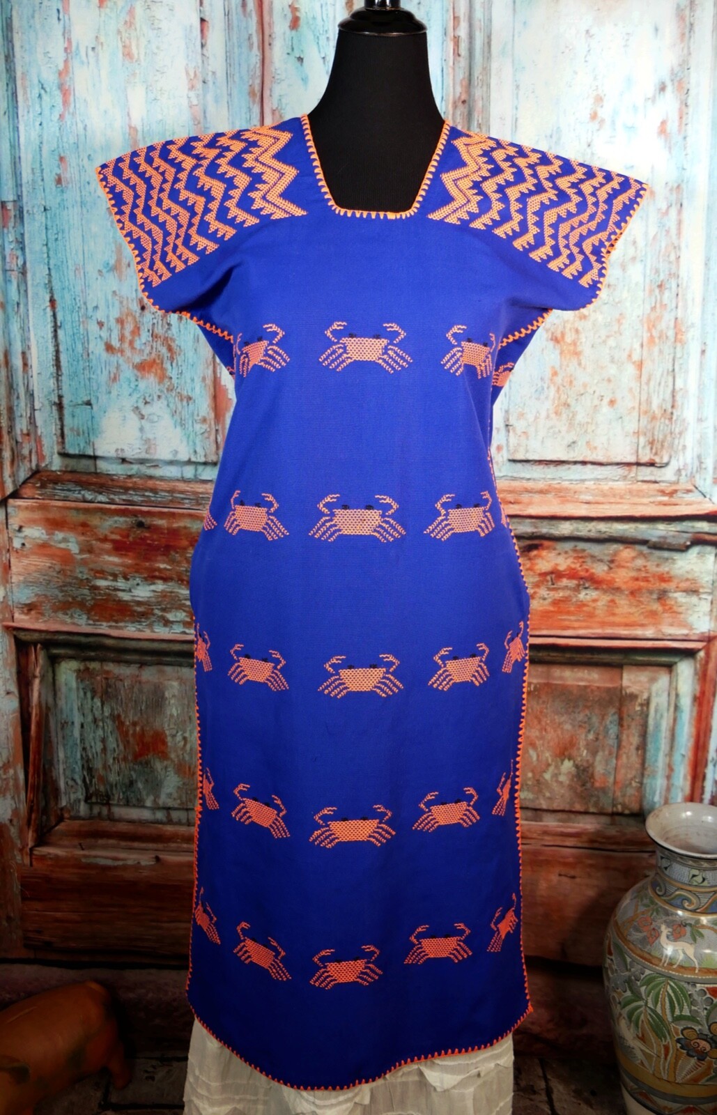 M/L Huipil Kaftan Handwoven Blue & Orange Crabs San Juan Colorado Oaxaca Mexico