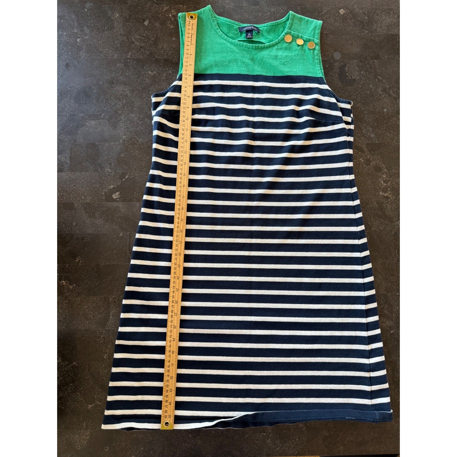 Lands End Womens Green Navy Stripe Cotton Sleeveless Shift Dress Preppy Nautical