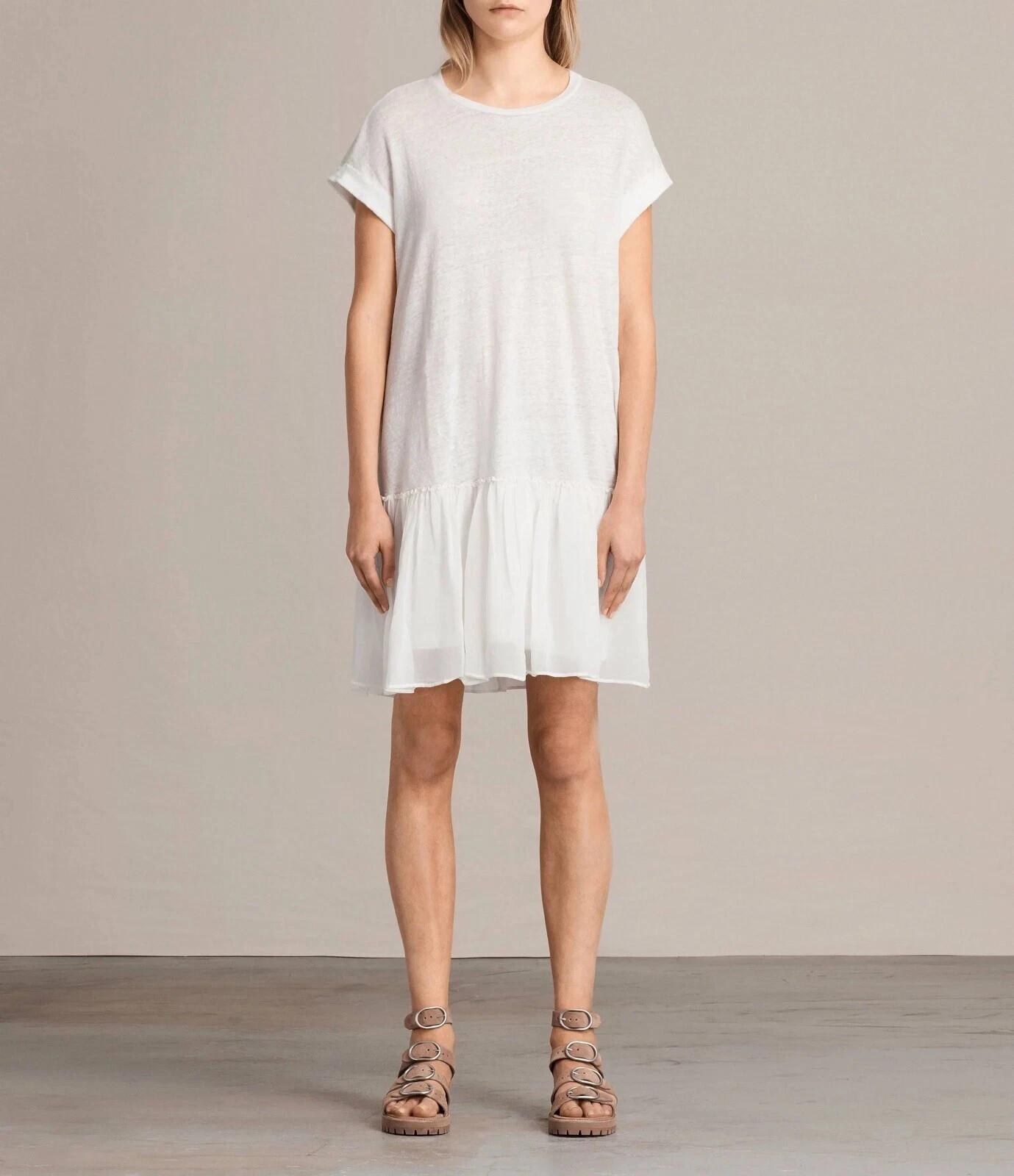 AllSaints Jody Ivory Linen Knit Jersey Dress size S above knee flounce neutral