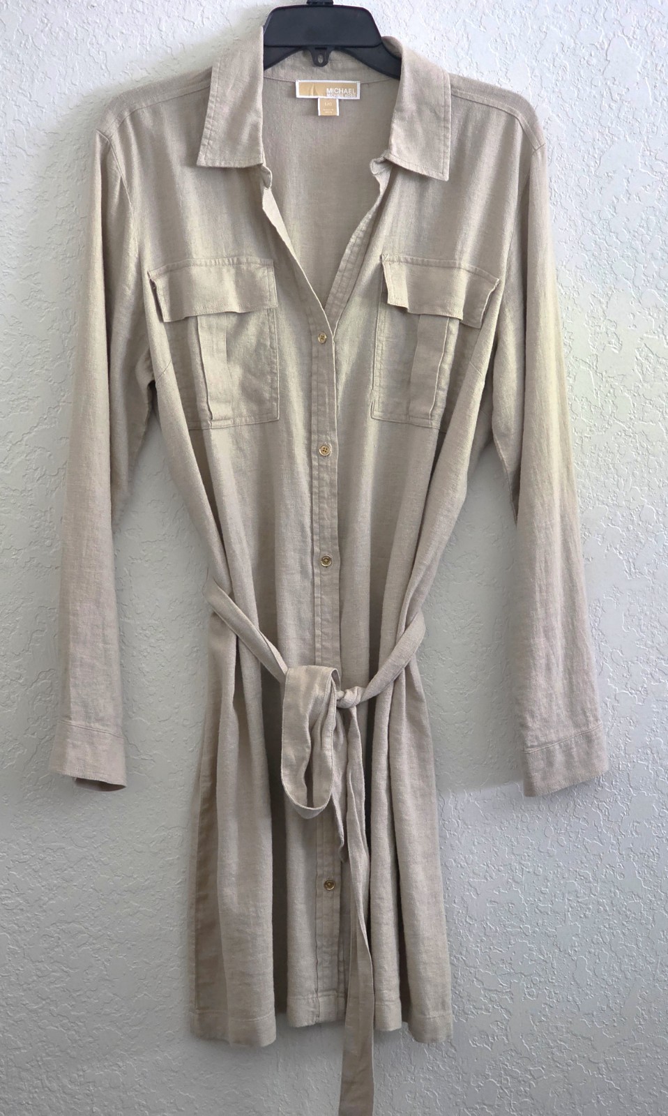 Michael Kors Linen Blend Shirt Dress Large Beige Belted Button Front NWOT