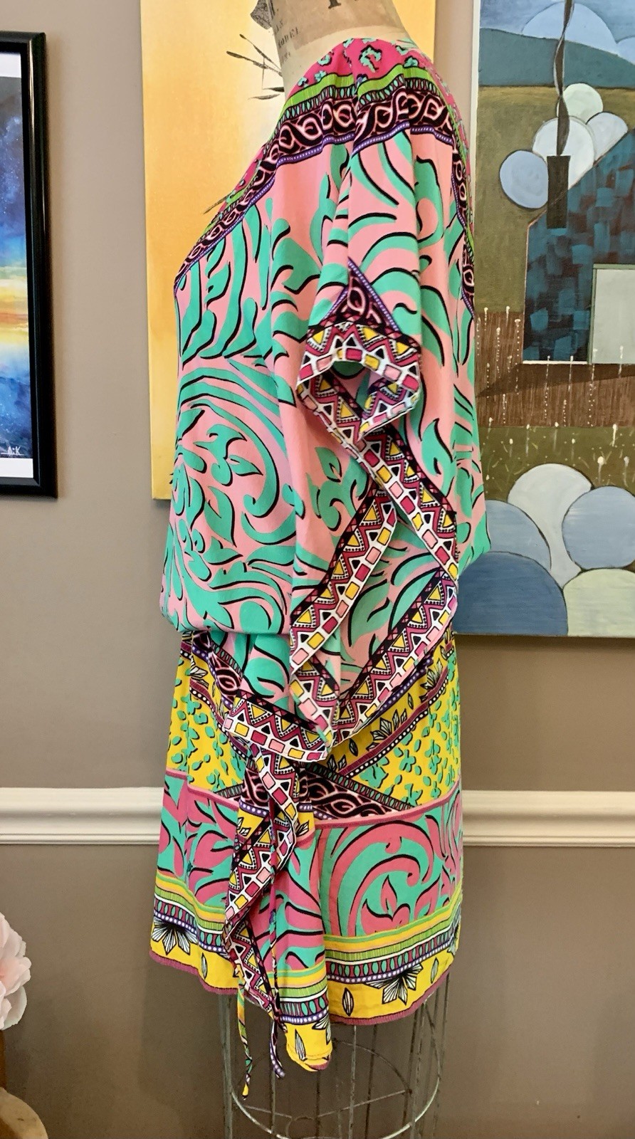 Hale Bob Silk Blend Vibrant Mixed Print Kaftan Tunic Mini Dress