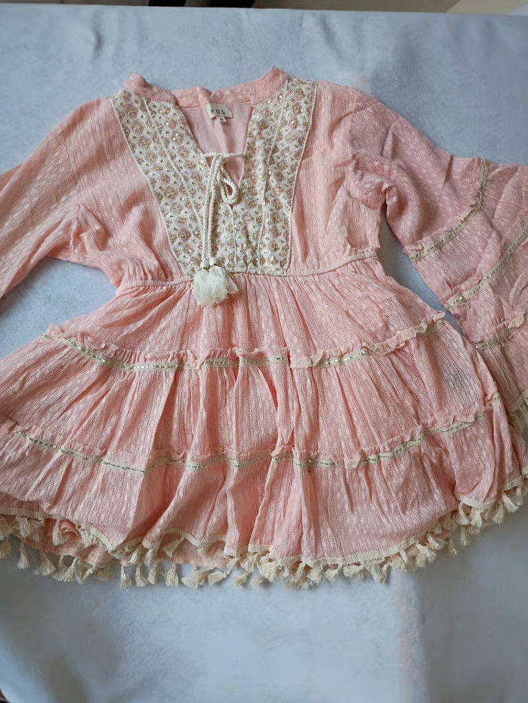 POL Pink Eyelet Lace Boho Mini Dress Tassel V-Neck Ruffle Tiered Cotton M