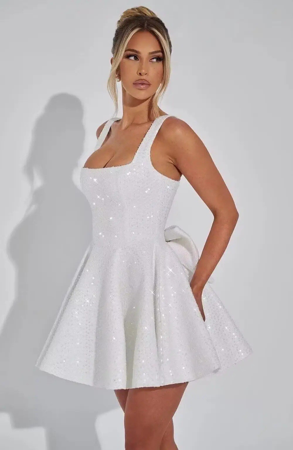 White Sequin Tweed Square Neck Mini Dress Big Back Bow Flared Homecoming Gown