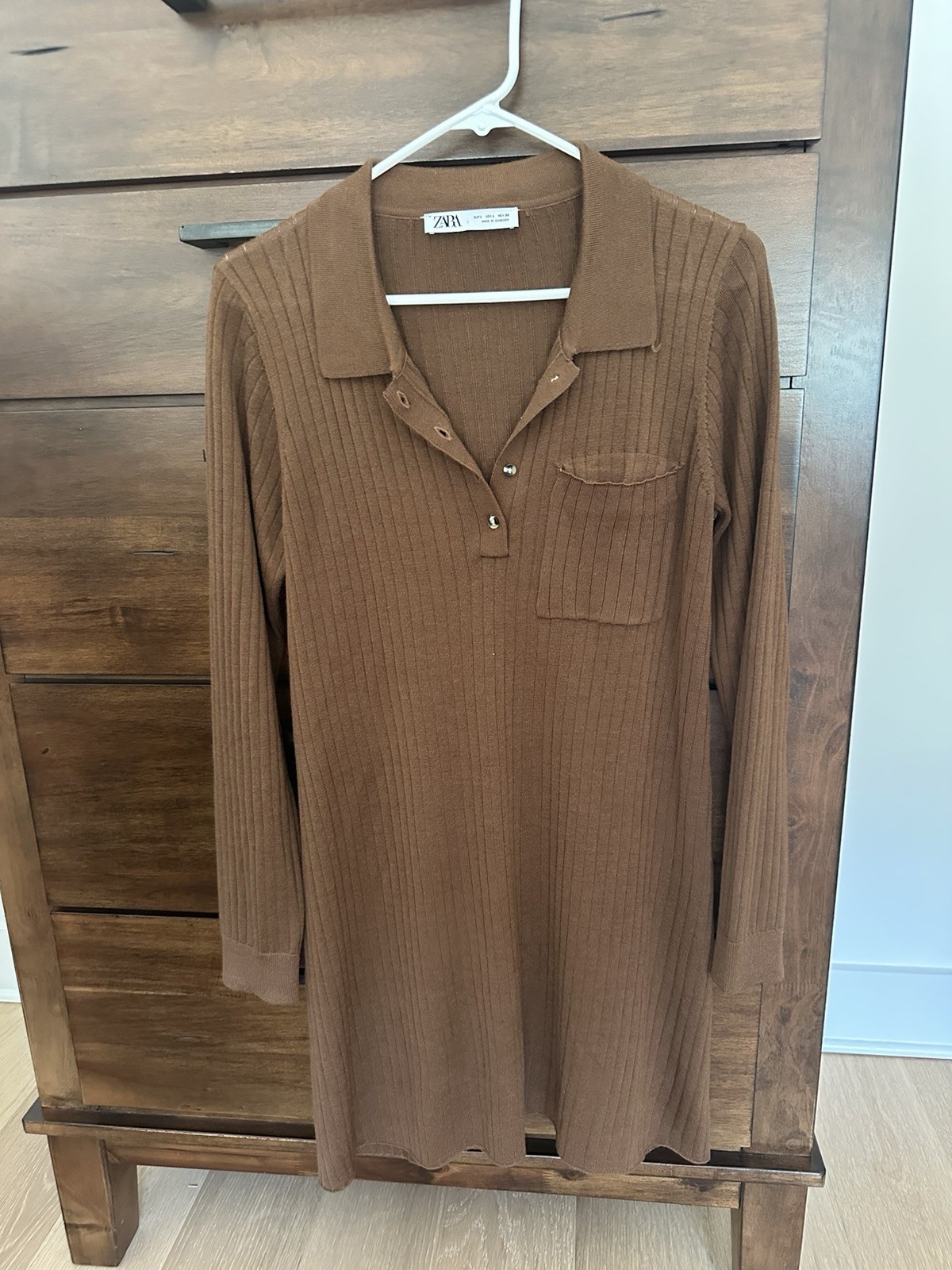 Zara Brown Ribbed Knit Collared Button Front Shirt Dress Pockets L Short