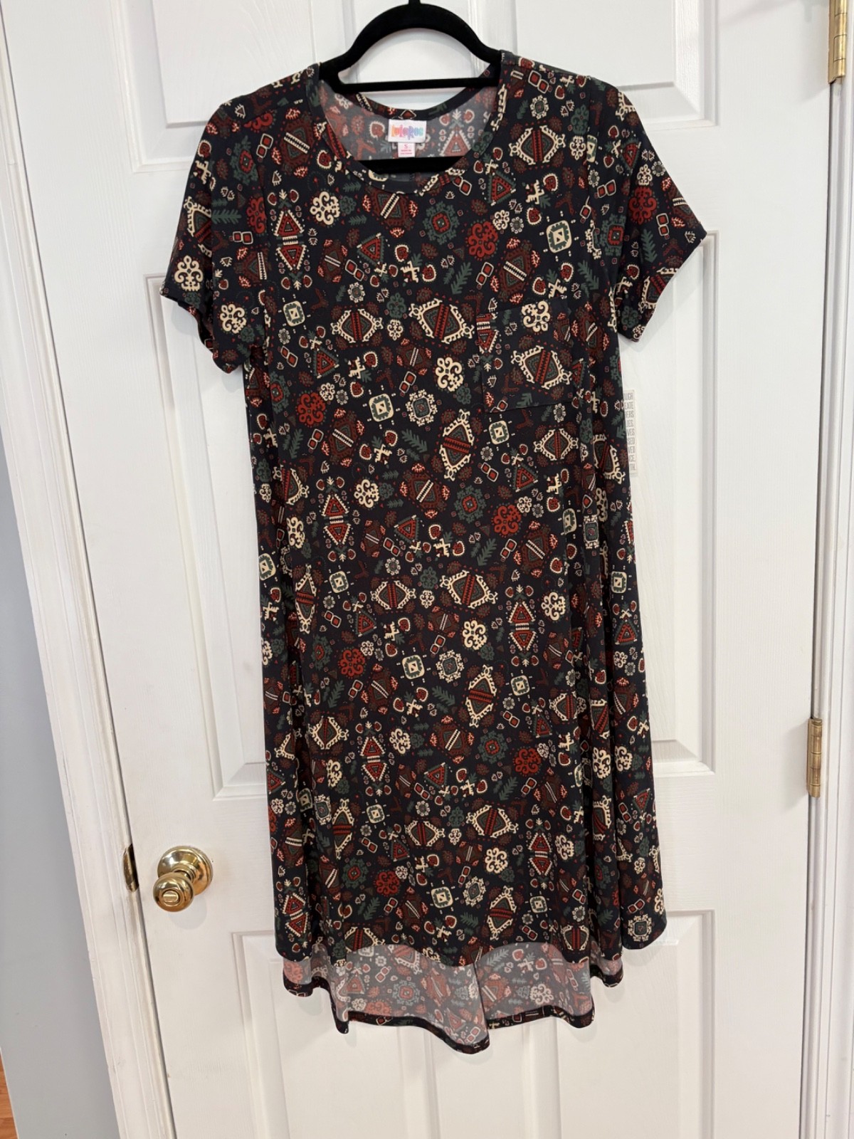 LuLaRoe NWT Carly dress S (4-6); eclectic geometric and folk-inspired pattern