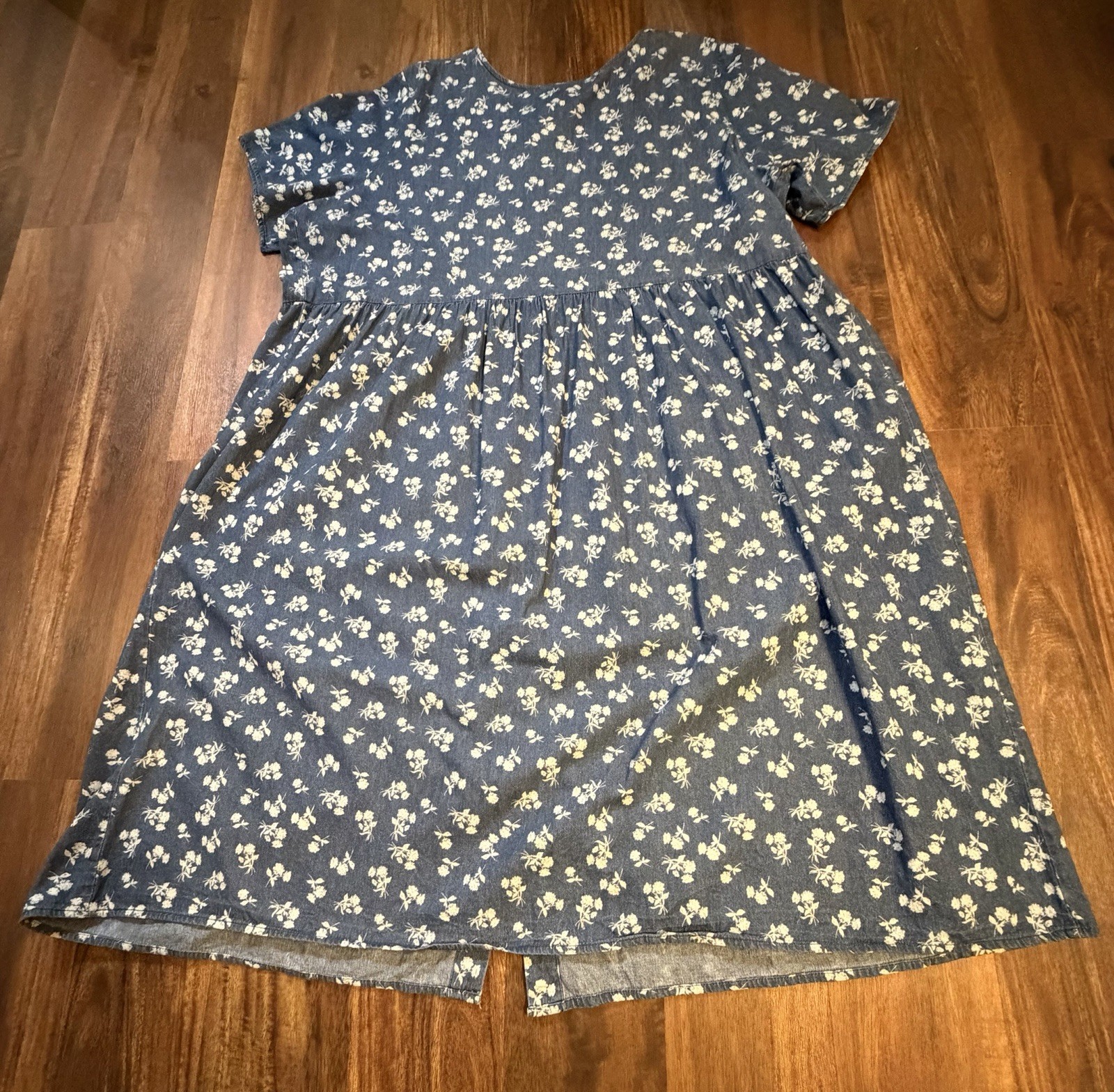 Woman Within Short Sleeve Blue Denim Maxi Dress Women’s 28W w/Floral Pattern