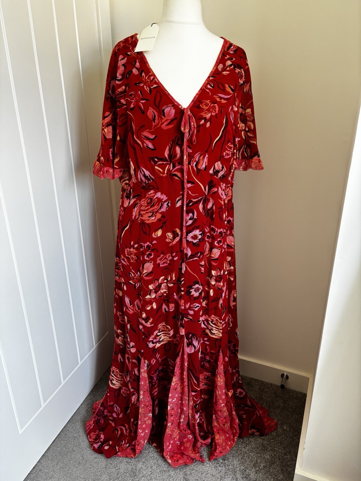 Monsoon Size 20 Red Floral Maxi Wedding Guest Dress BNWT Boho Occasion Summer
