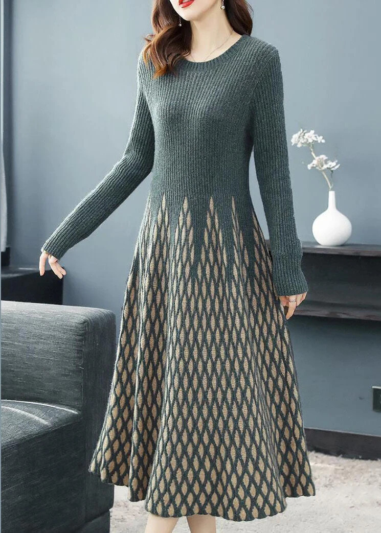 Modern Blackish Green O-Neck Plaid Knitwear Dress Long Sleeve NWOT Size 10-12