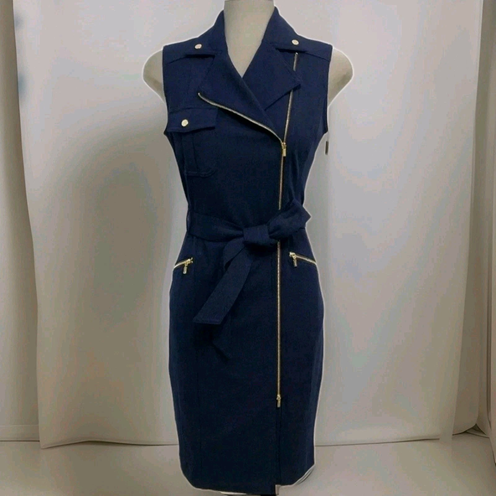 Calvin Klein Dress SZ 12 Navy Blue Nordstrom Sleeveless Zip Poly Spandex NWT