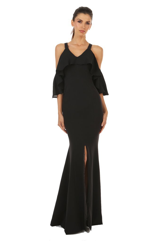JAY GODFREY Black Flutter Chiffon Overlay Cold Shoulder Maxi Gown Dress 6 US S