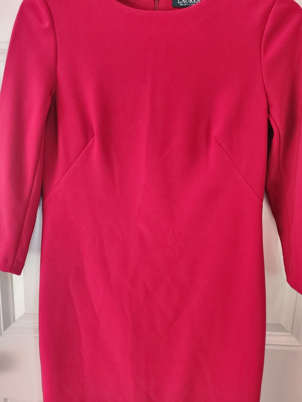 RALPH LAUREN Red Logo Button Round Neck Long Sleeve Stretch Sheath Dress Sz 8