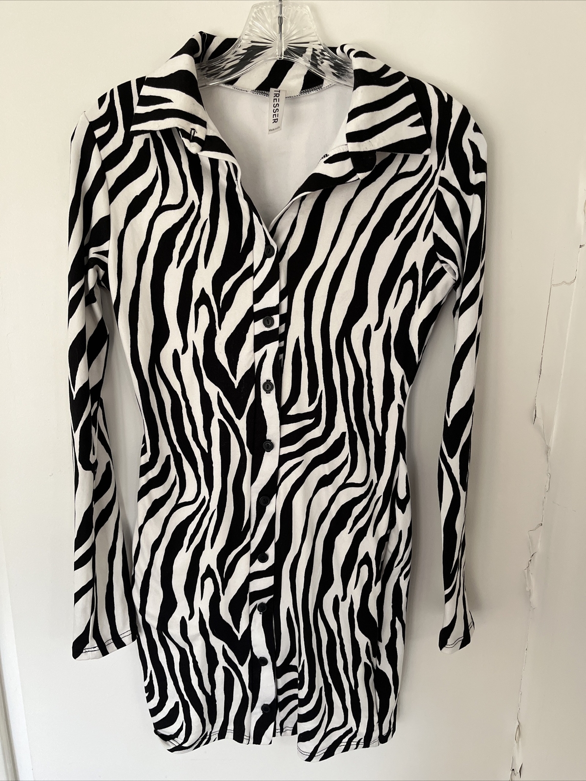 Tresser Mini Dress Size S Zebra Print Long Sleeve Button Up Collared Lined GUC