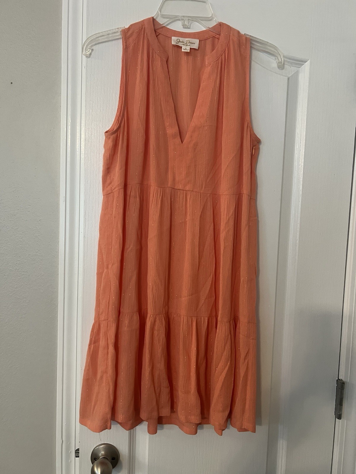 Julie Brown Coral With Gold Thread Tiered Sleeveless Shift Dress Women Sz Small