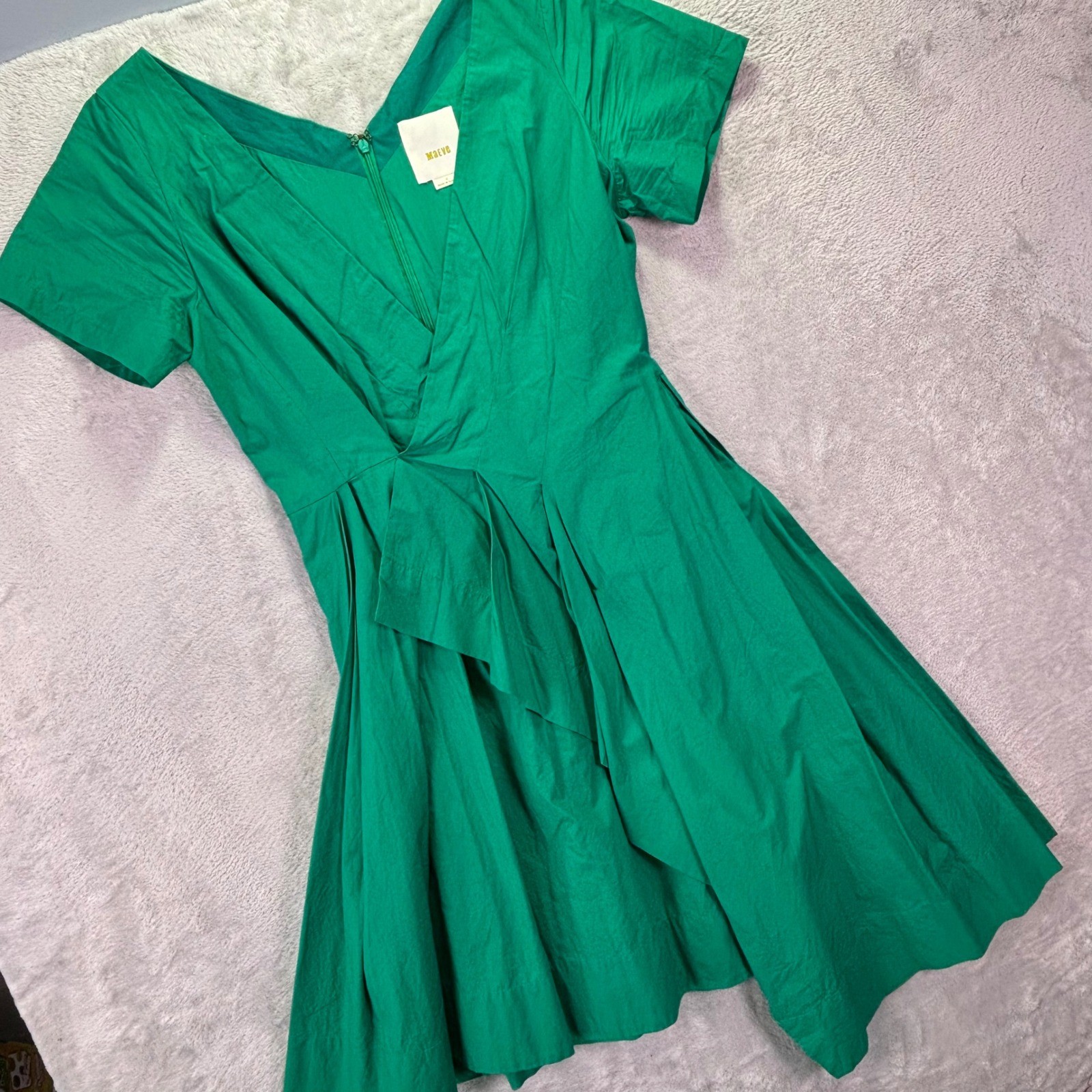 Maeve Women Dress Sz 4 Green Cotton Poplin Fit & Flare Short Sleeve V-Neck Wrap