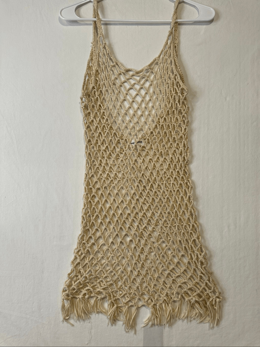Superdown Crochet Fishnet Fringe Cover Up Dress Beige Boho Festival Beach Size S