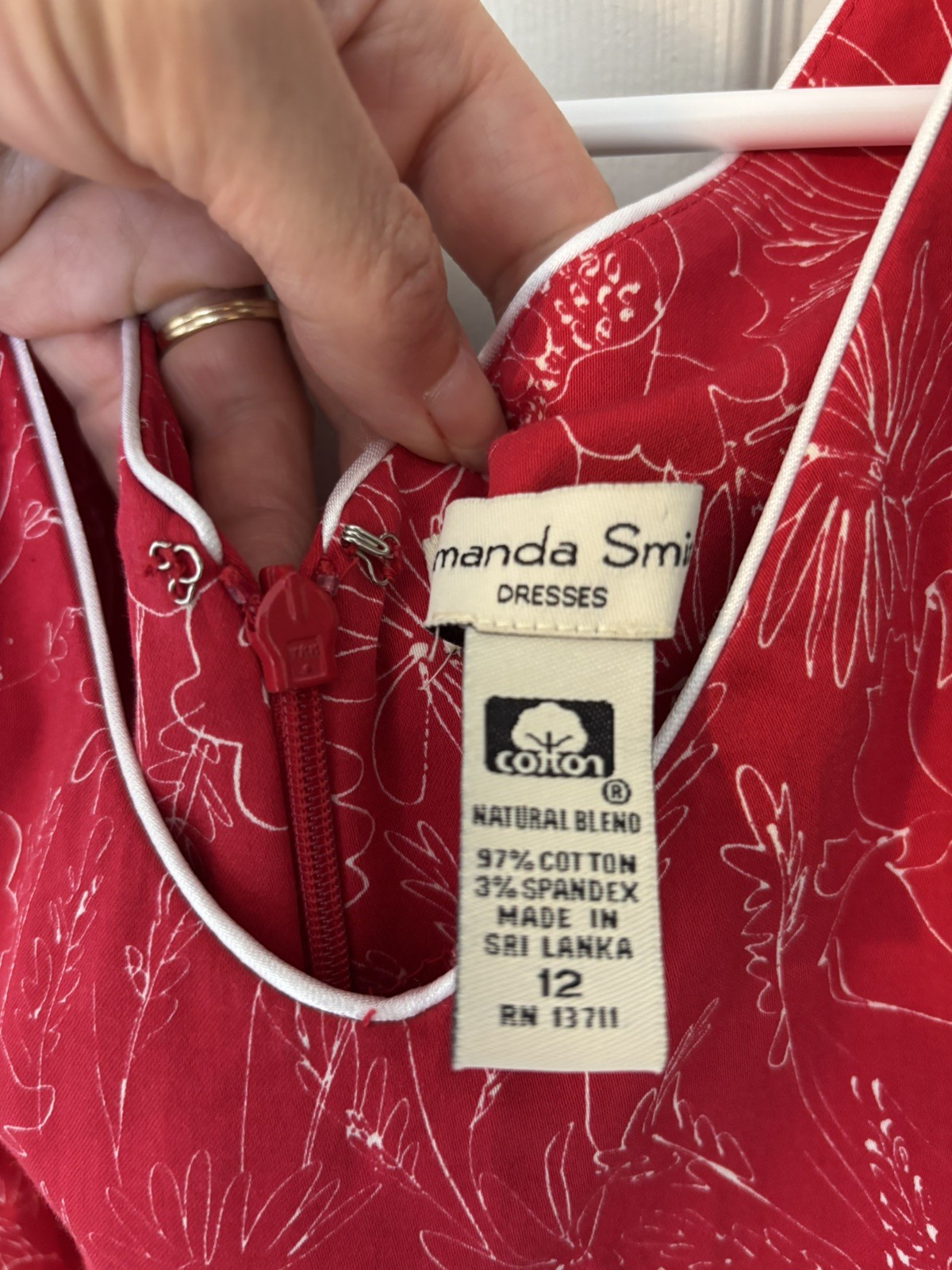 Amanda Smith Red Floral Dress W/ White Piping Sz 12