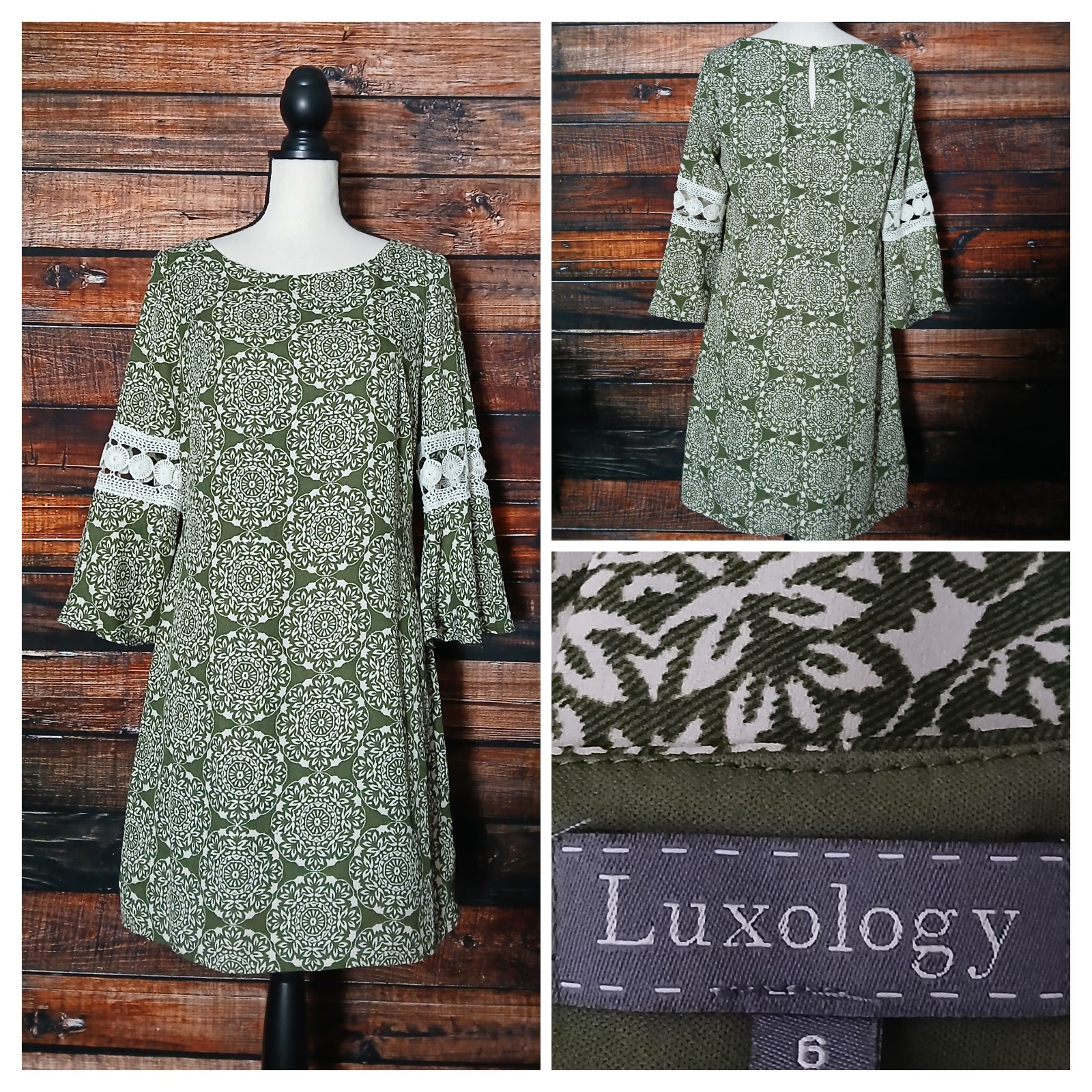 Luxology Shift Dress Size 6 Green Mandala Retro Crochet Bell Sleeve Lined