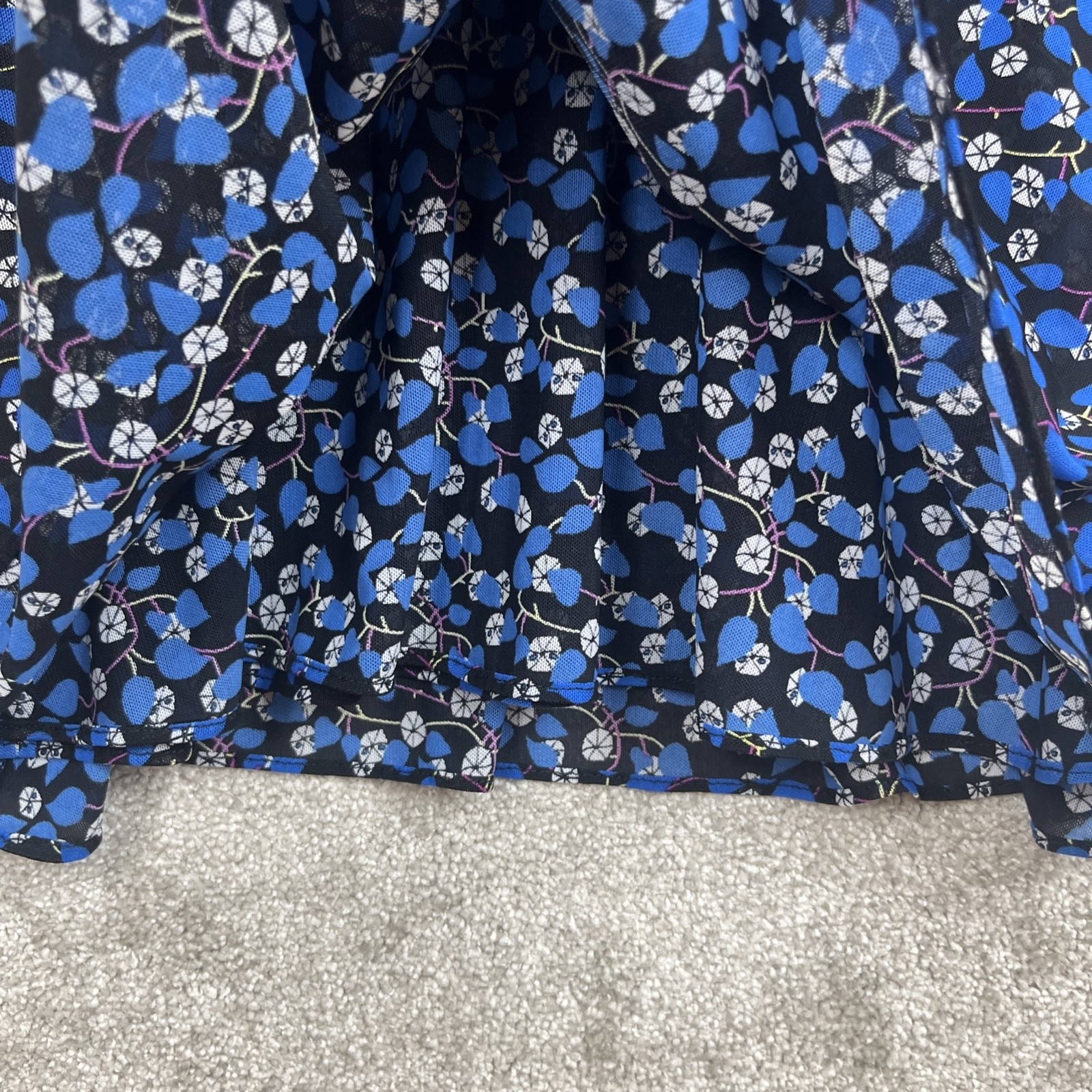 Cabi Dress Womens Small Blue Black Floral Long Sleeve Ruched Boho Fall- 3591