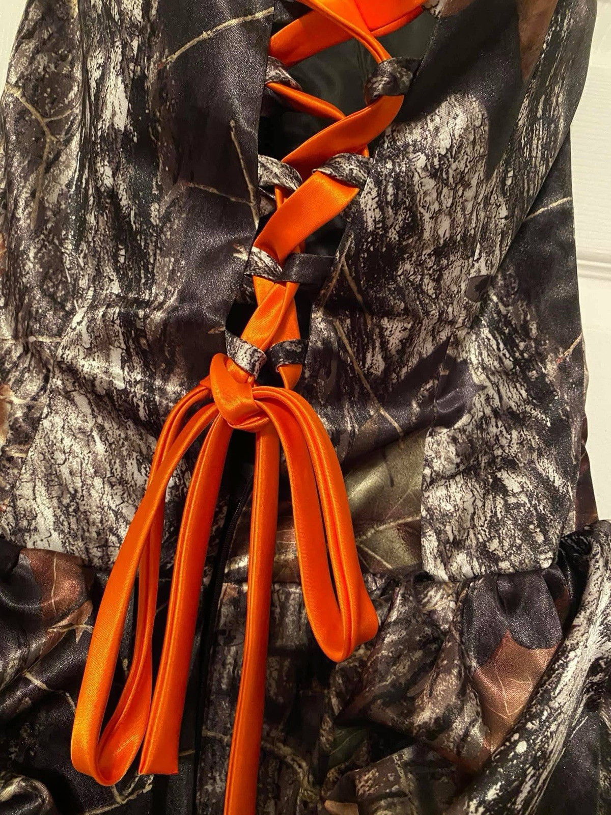 Strapless Camouflage Bubble Hem Lace Up Dress with Orange Ribbon