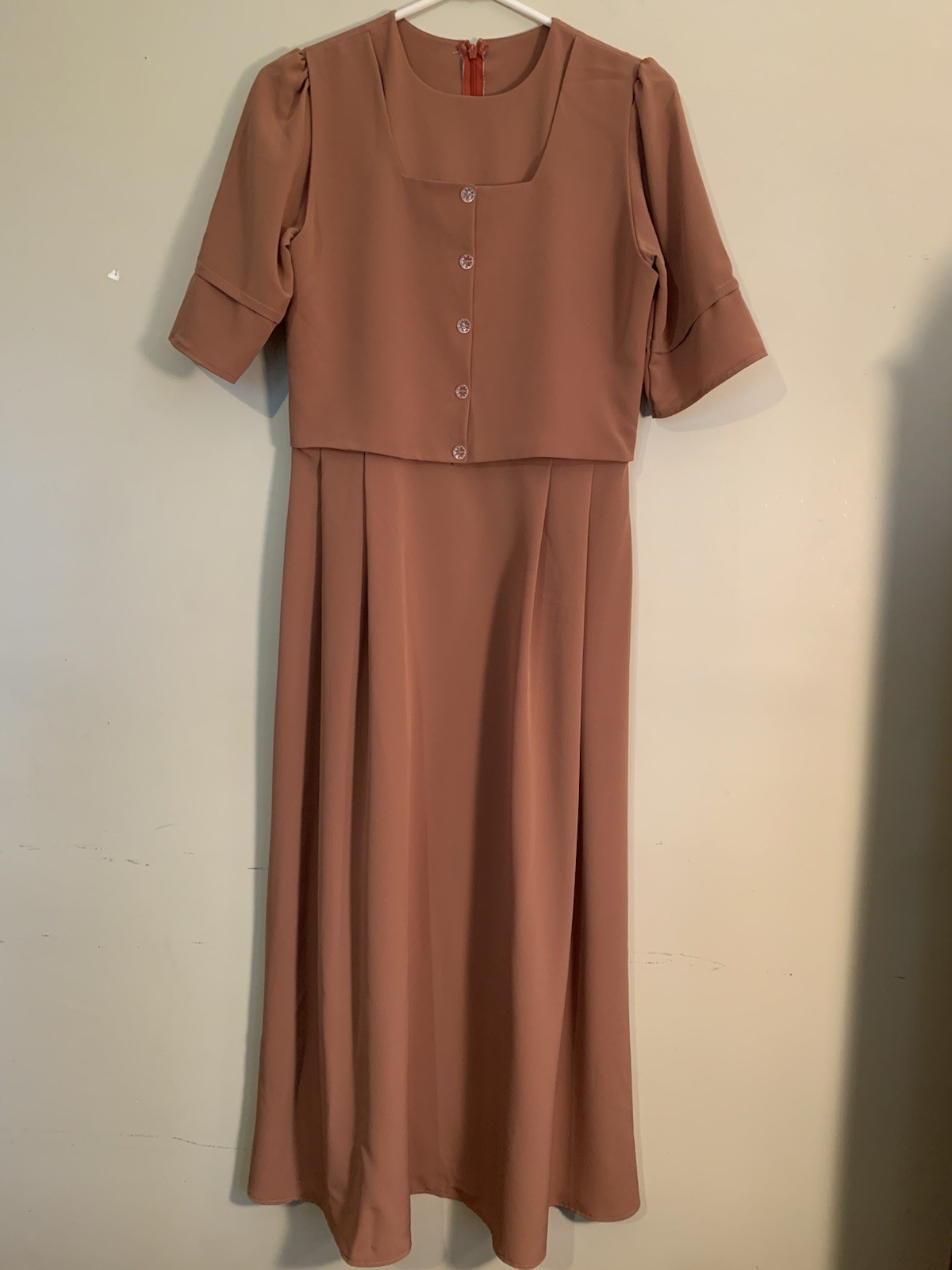 Mennonite Dress Handmade 34” Bust 30” Waist 52” Long Camel Brown Short Sleeve