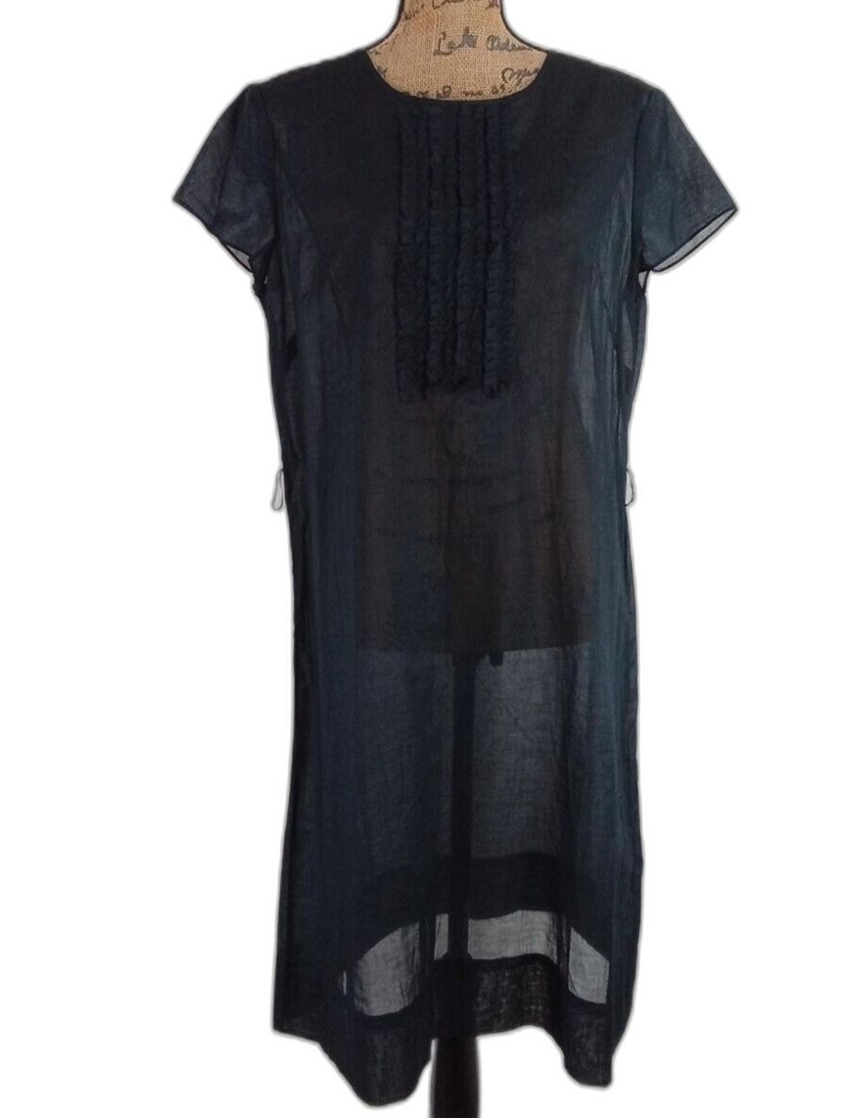 Talbots Dress 14P Lightweight Semi Sheer Black Ruffle Detail Button Keyhole NEW