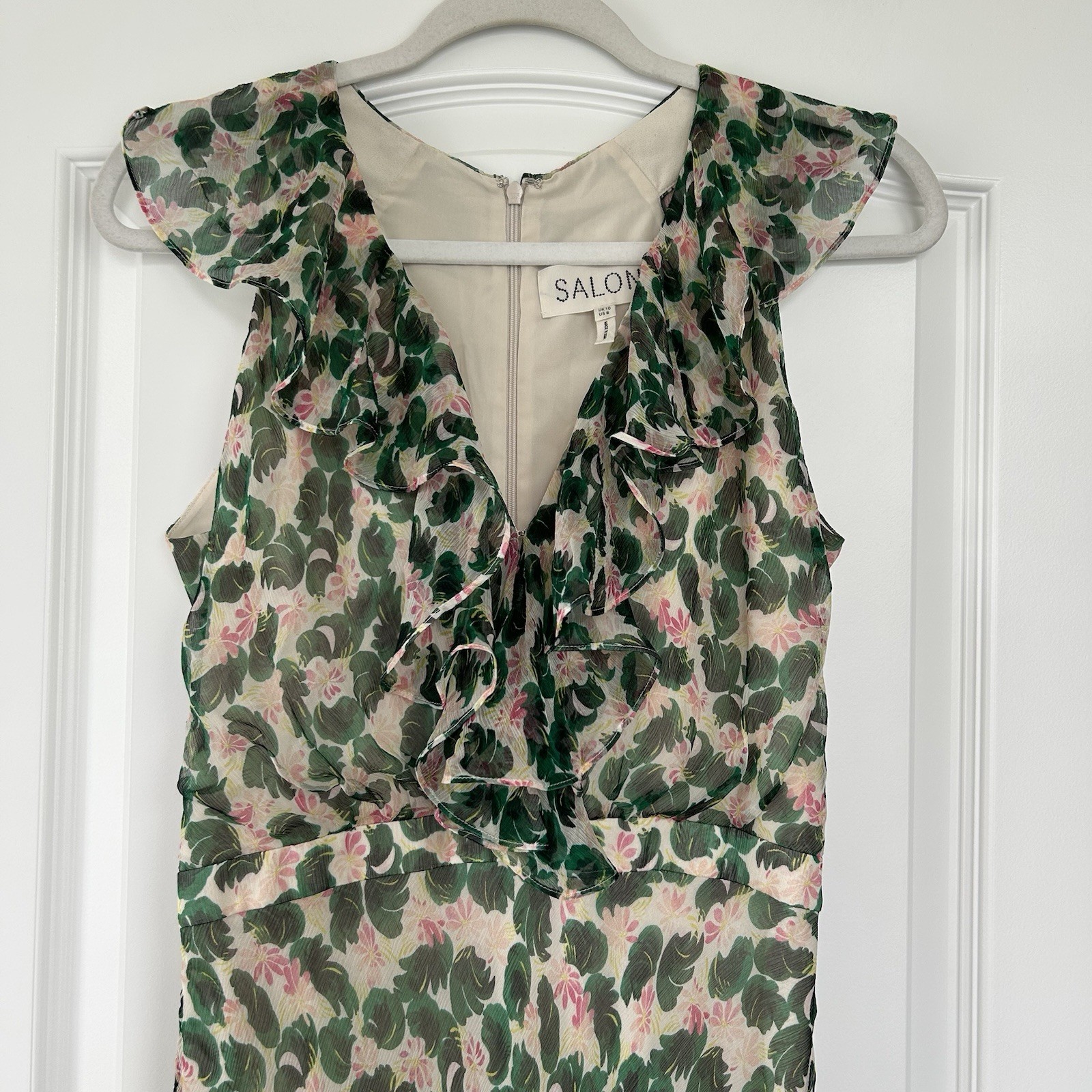 Saloni Rita Printed Silk Ruffle Maxi Dress 6 Floral Chiffon Crinkle Elegant