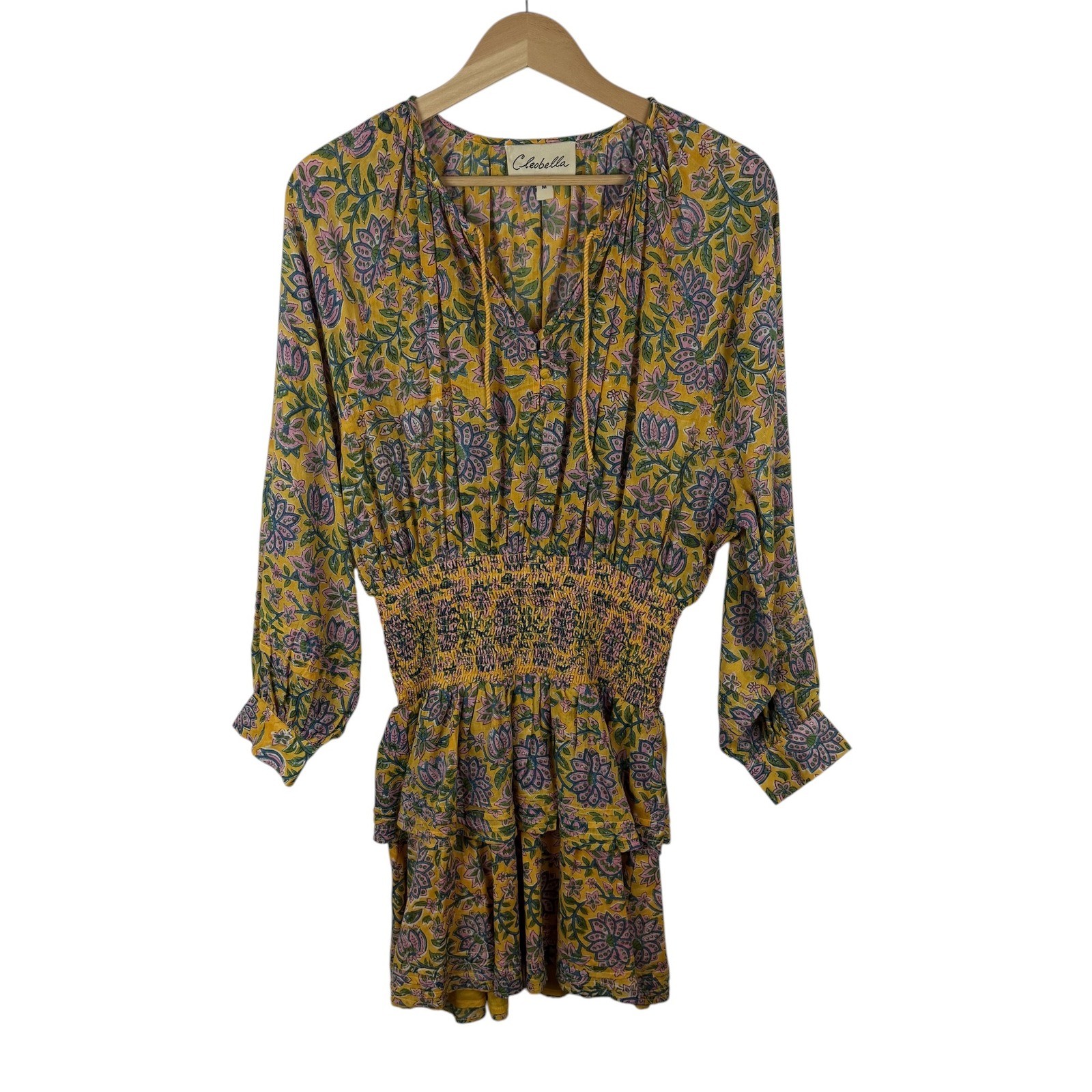 Cleobella Blanca Mini Dress Medium Yellow Block Print Floral Smocked Tiered Boho