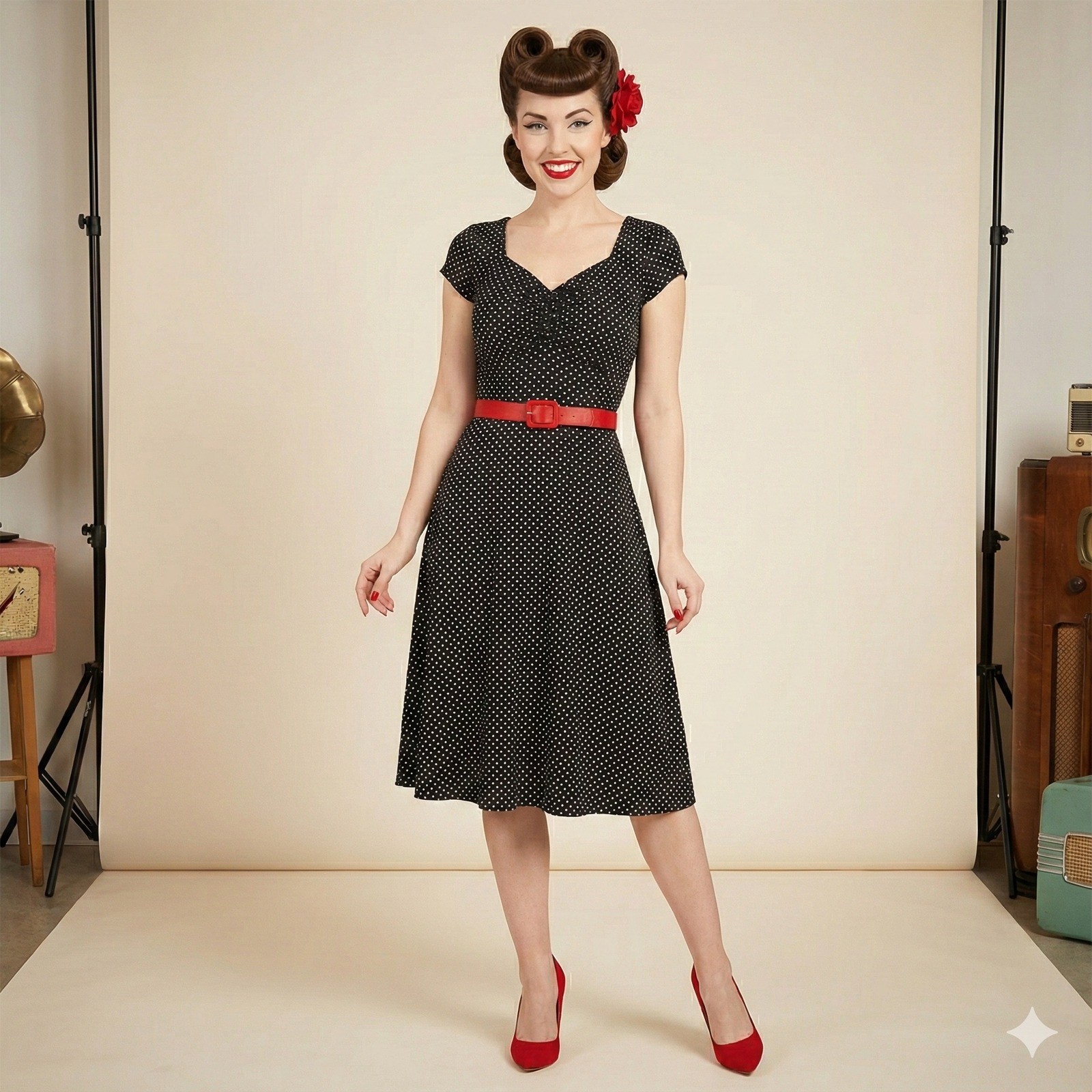 Style Co Dress Womens PL Black Twisted Fit N Flare Polka Dot Pinup Retro Pinup