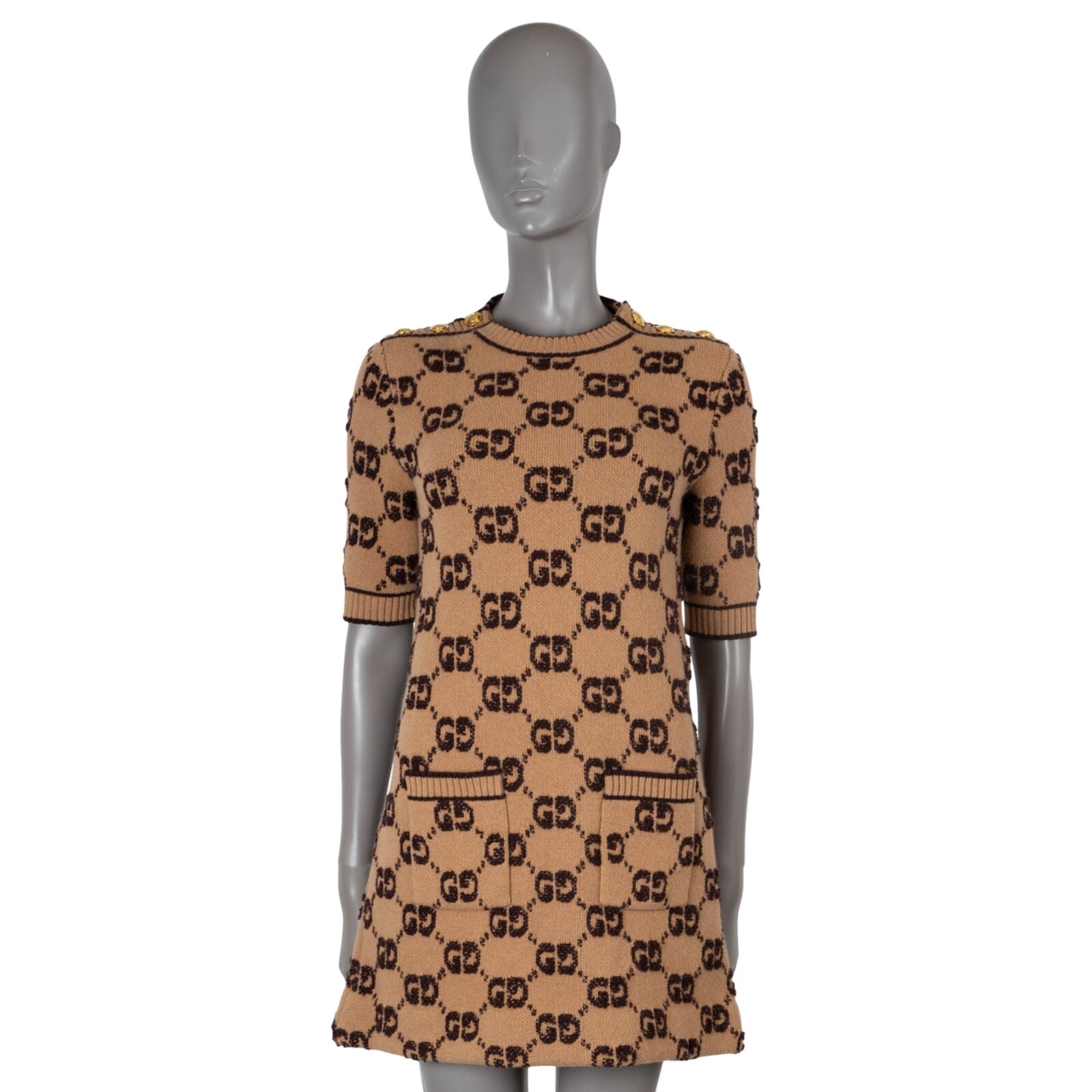 70502 auth GUCCI camel & brown wool 2024 MONOGRAM BOUCLE JACQUARD Dress M