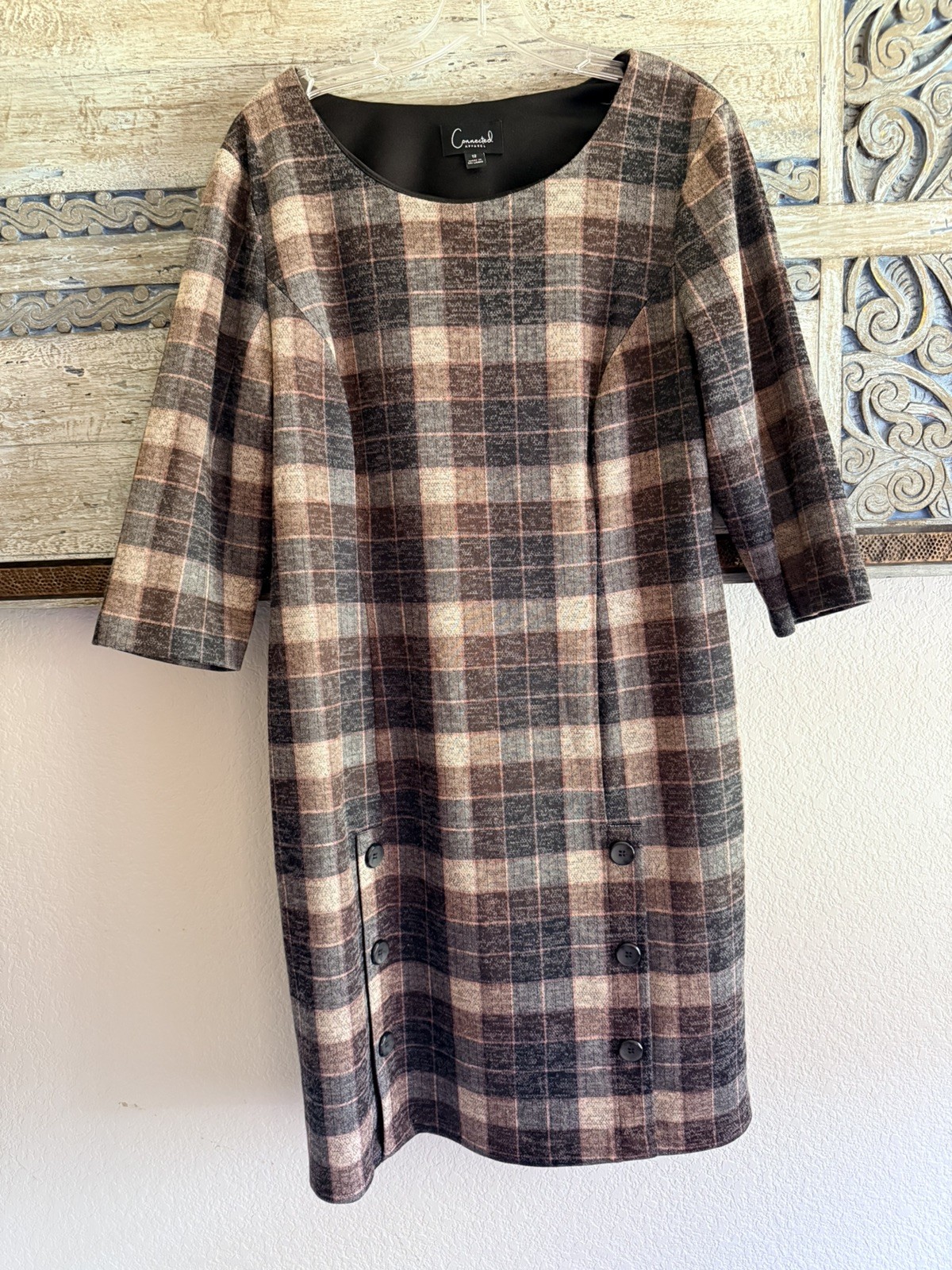 Connected Apparel Dress Womens 12 Long Sleeve Brown Tan Check Plaid Sheath