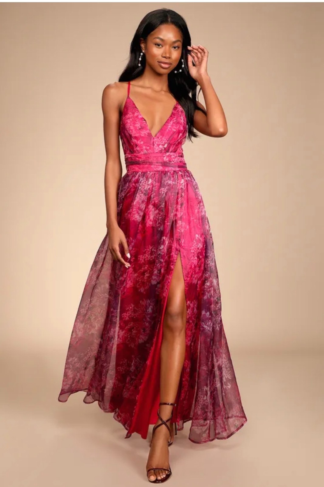 Lulus Romance That Wows Magenta Floral Print Organza Maxi Dress Size Medium New