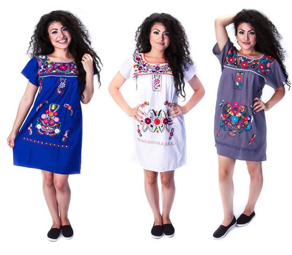 Assorted Above Knee Short Embroidered Mexican Peasant Hippie Mini Half Dress