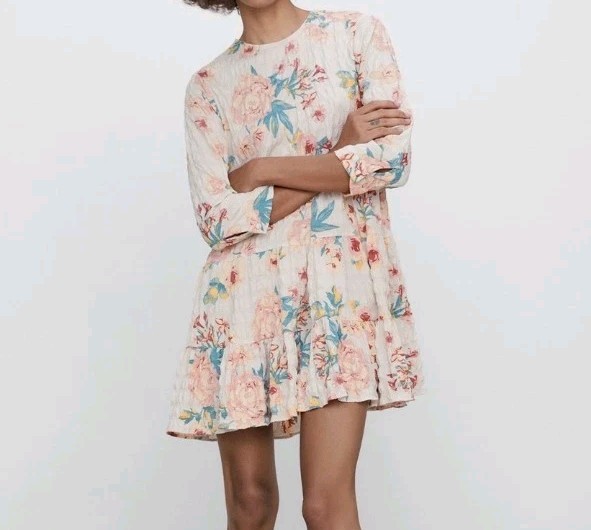 Zara Women The Sharon Babydoll Dress L Round Neck 3/4 Sleeves Floral Pattern