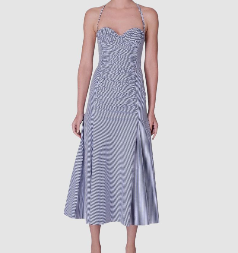 $1890 Carolina Herrera Women’s Blue Striped Ruched Halter Midi Dress Size 12