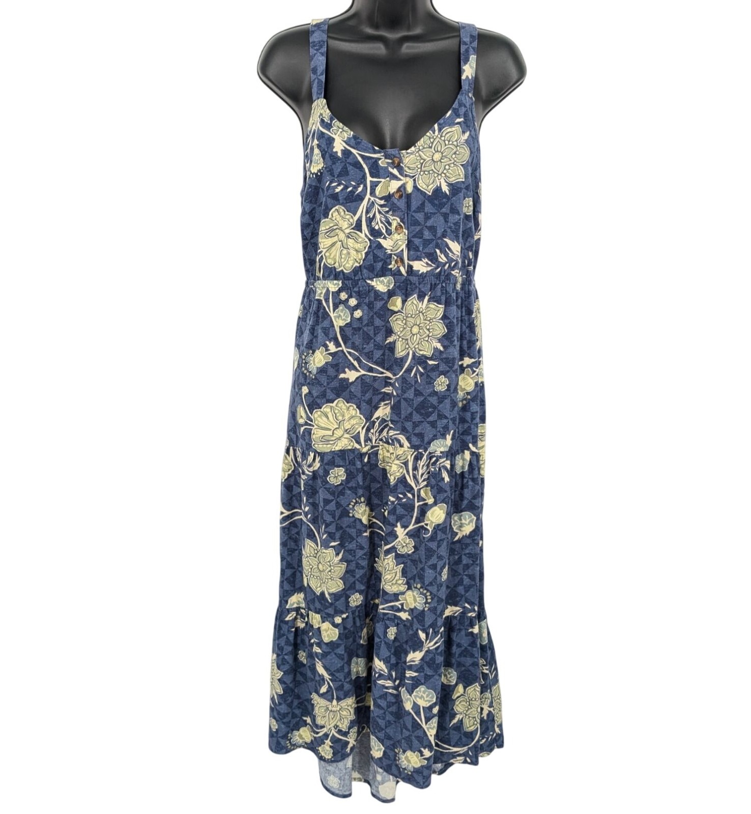 Floral Linen Blend Tiered Maxi Dress Tropical Cottage Boho Flowy Pockets Large