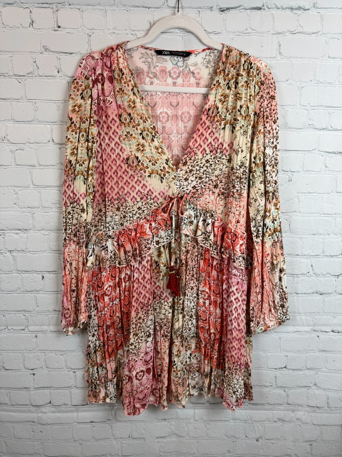 ZARA boho frill tasseled pink beige floral relaxed viscose tunic dress M NWOT