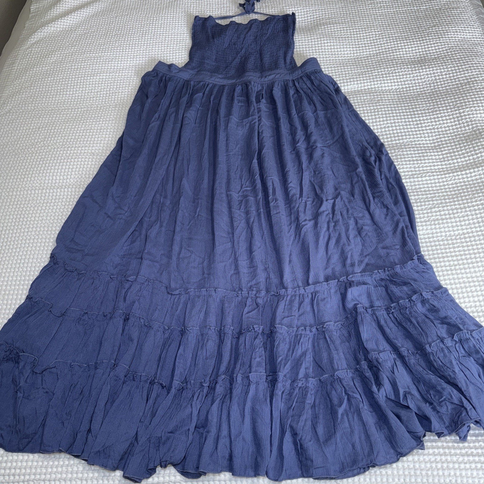 R Vivimos Smocked Halter Open Back Tiered Maxi Dress Sz M Blue Summer Beach NWT