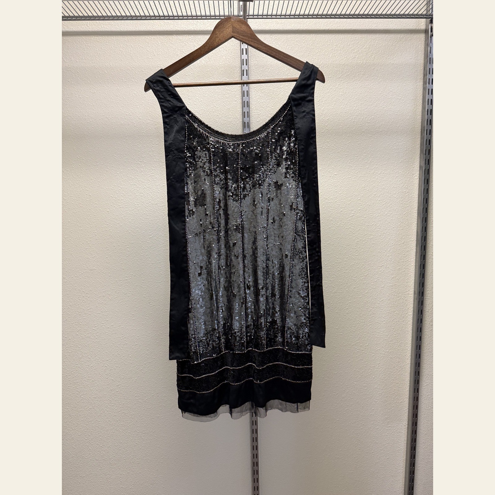 Black Silver Sequin Drop-Waist Flapper Mini Dress 1920s Art Deco Style Women’s S