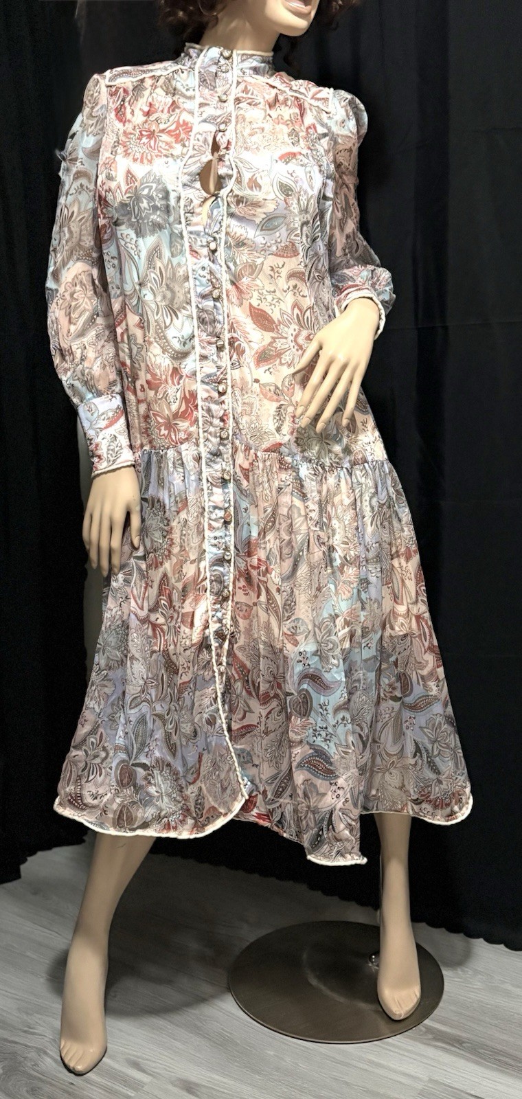 UNKNOWN JACOBEAN PRINT GEORGETTE W/SLIP IVORY, COPPER + MULTI, MAXI DRESS SMALL