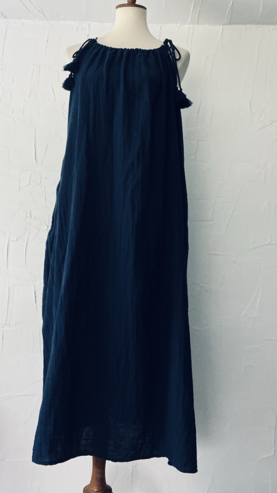 Time & Tru Sun/Tent Dress Maxi Drawstring Slit Cotton Tassels M(8-10) Navy Blue
