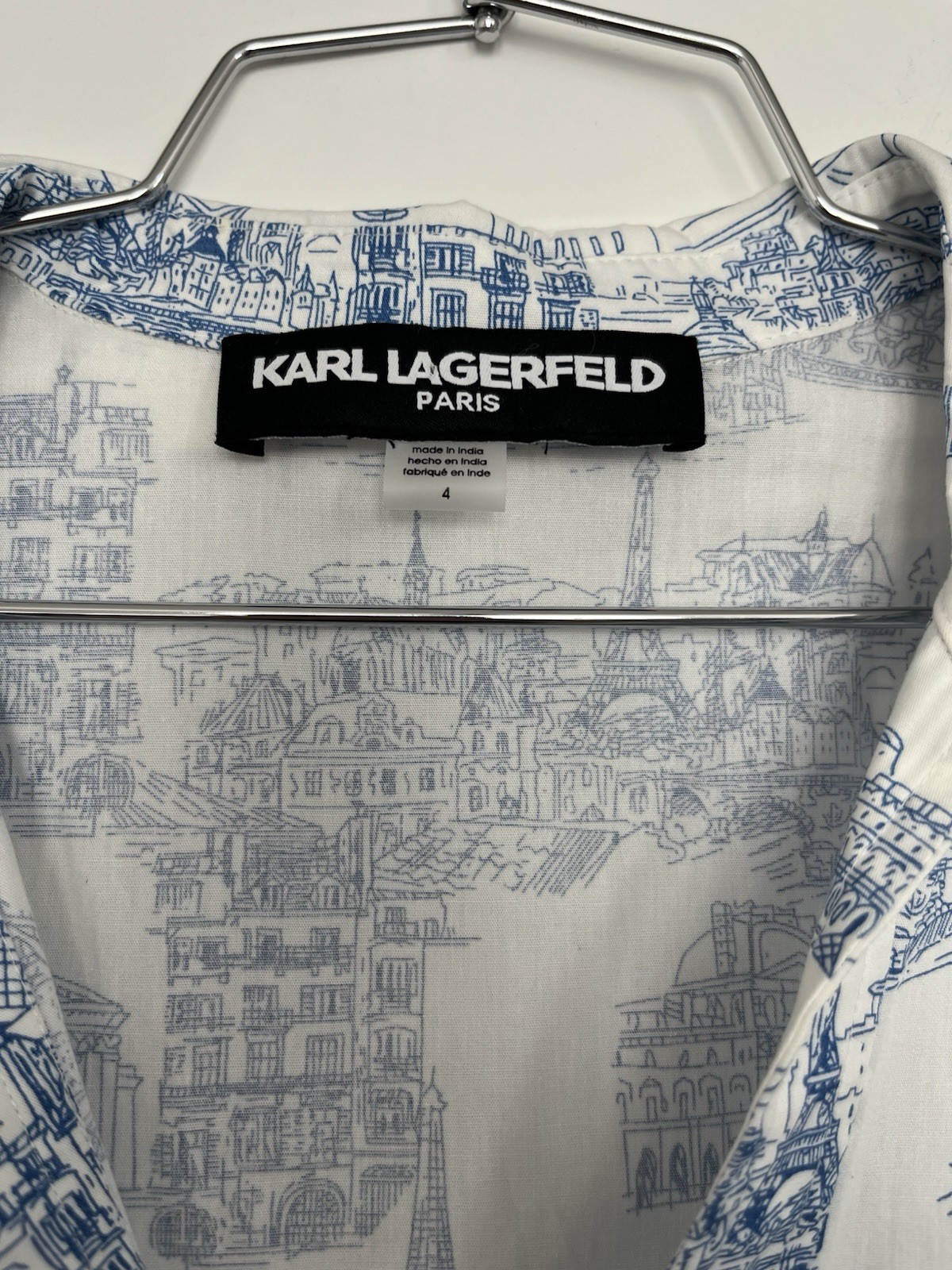 Karl Lagerfeld Paris White/Blue Toile Belted Shirt Dress Pockets 3/4 Sz 4