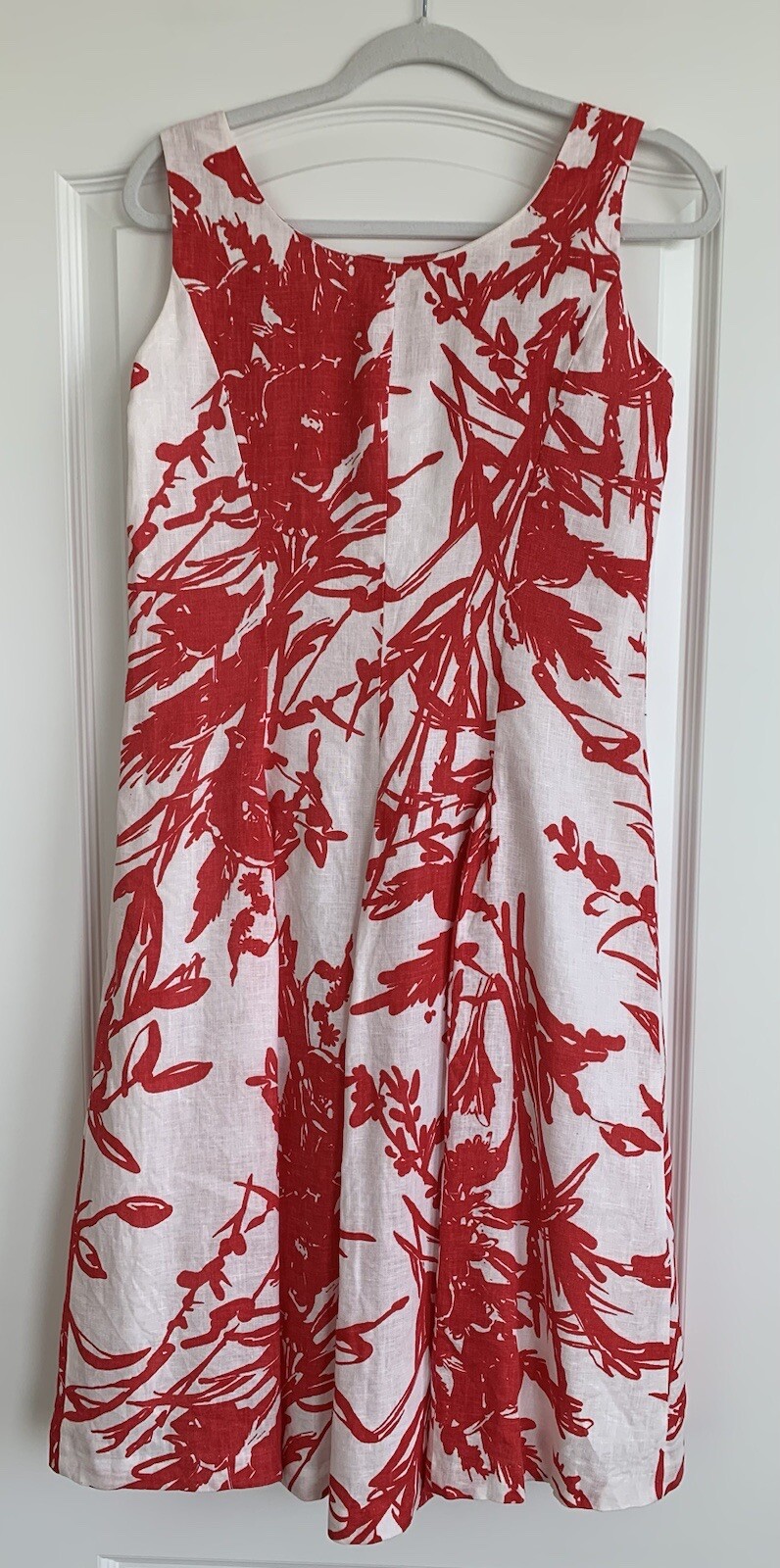 Coldwater Creek Linen Dress Size 6 Midi Red White Abstract Print V Neck Coastal