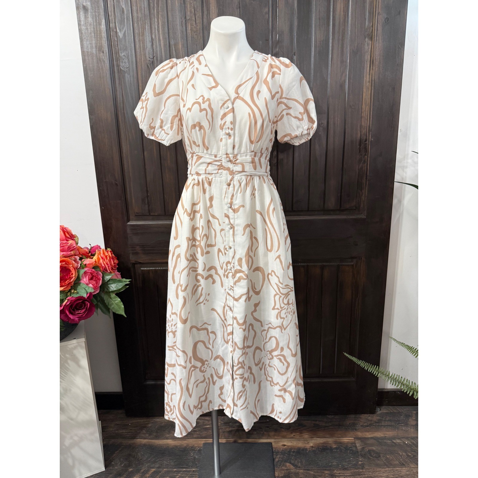 Ador Womens XS Cream Tan Abstract Floral Puff Sleeve Button Front Midi Dress
